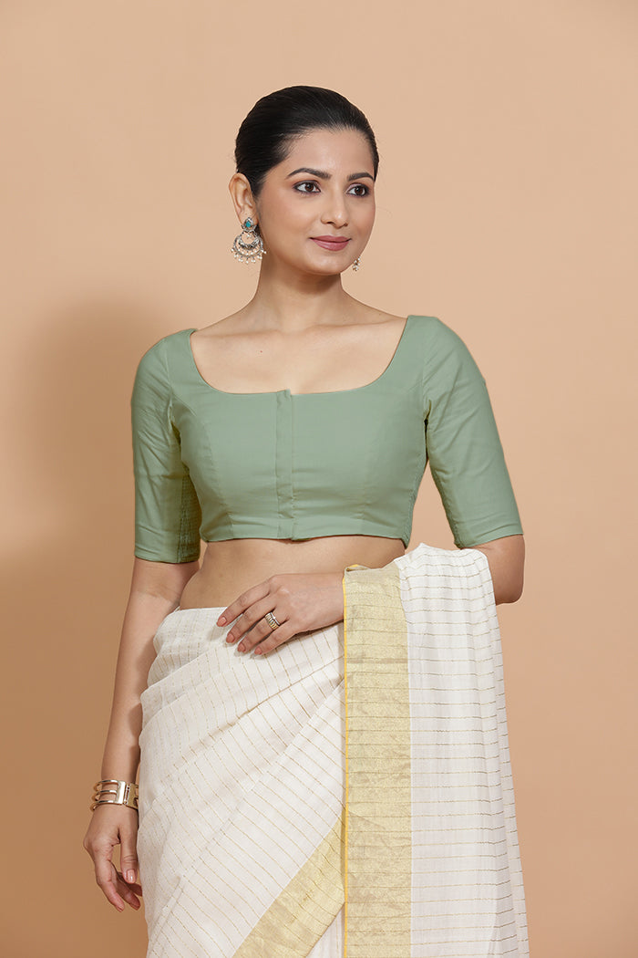 Lalita x Rozaana Saree Blouse, in Green Linen, featuring elbow sleeves and scoop neckline, made for daily & work (view 6).