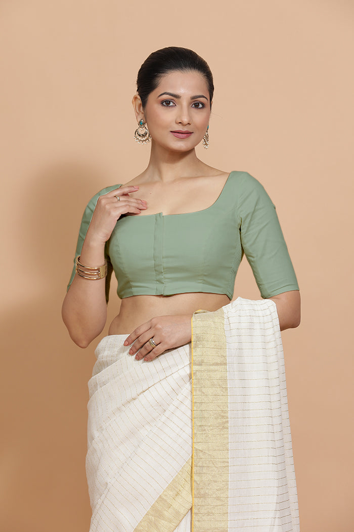 Lalita x Rozaana Saree Blouse, in Green Linen, featuring elbow sleeves and scoop neckline, made for daily & work (view 8).