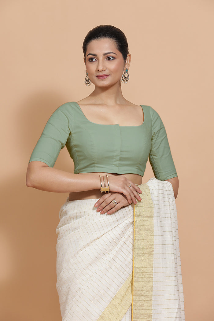 Lalita x Rozaana | Elbow Sleeves Saree Blouse in Peppermint Green Linen-Binks