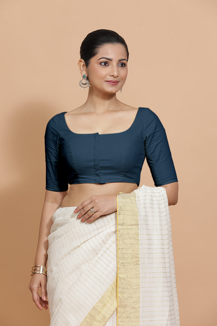 Lalita x Rozaana | Elbow Sleeves Saree Blouse in Regal Blue Linen