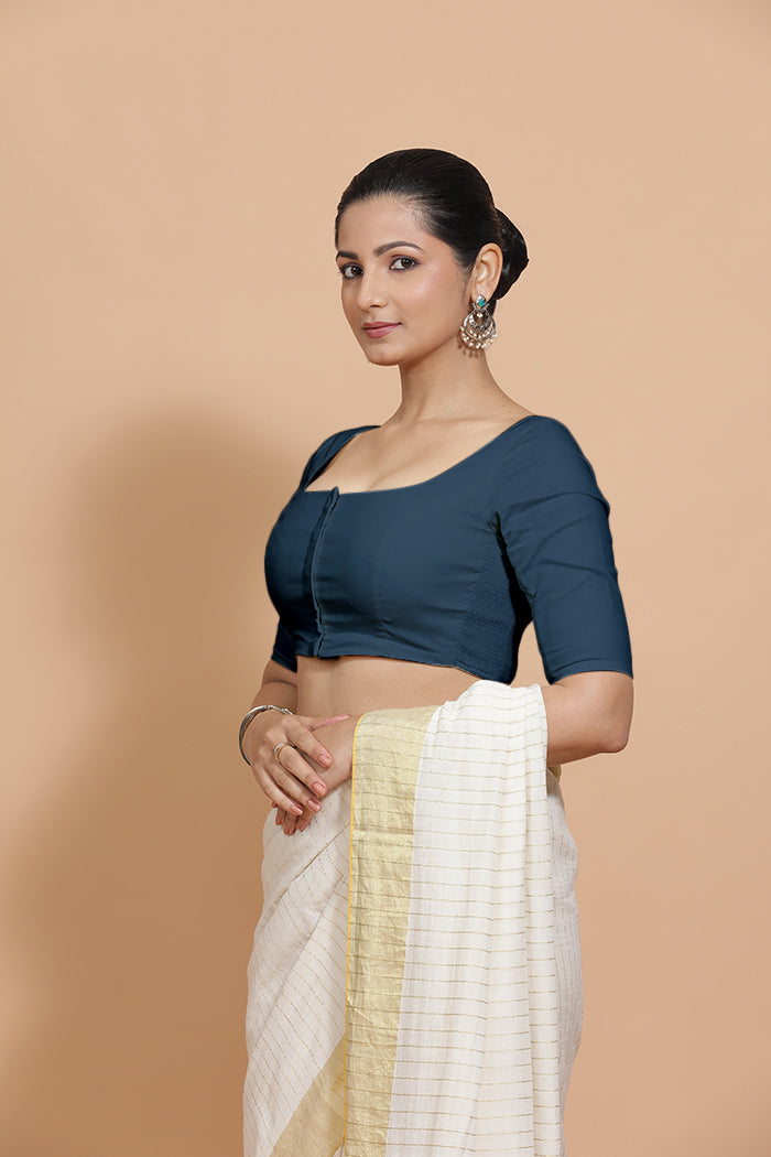 Lalita x Rozaana | Elbow Sleeves Saree Blouse in Regal Blue Linen-Binks