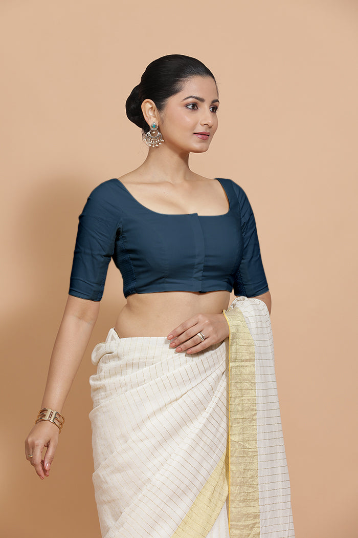 Lalita x Rozaana Saree Blouse, in Blue Linen, featuring elbow sleeves and scoop neckline, made for daily & work (view 6).