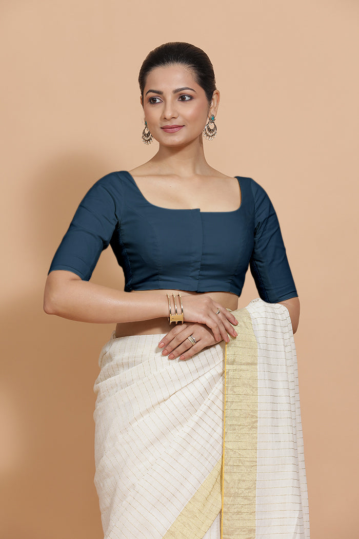 Lalita x Rozaana Saree Blouse, in Blue Linen, featuring elbow sleeves and scoop neckline, made for daily & work (view 8).