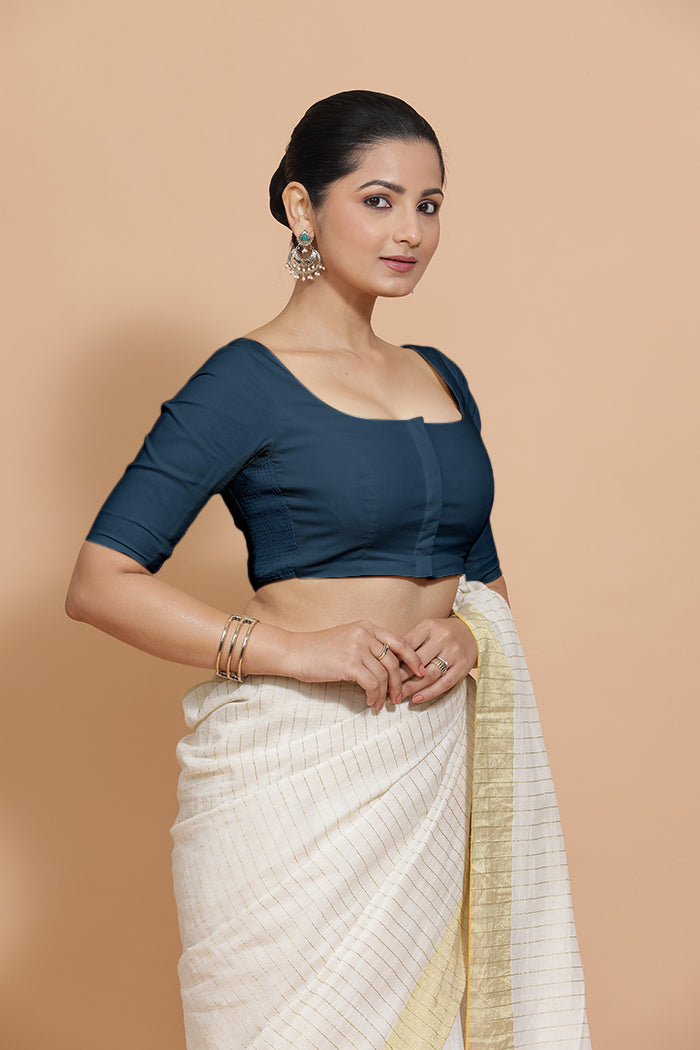 Lalita x Rozaana | Elbow Sleeves Saree Blouse in Regal Blue Linen-Binks