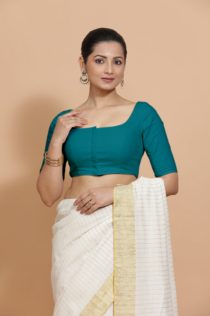 Lalita x Rozaana Saree Blouse, in Blue Linen, featuring elbow sleeves and scoop neckline, made for daily & work.