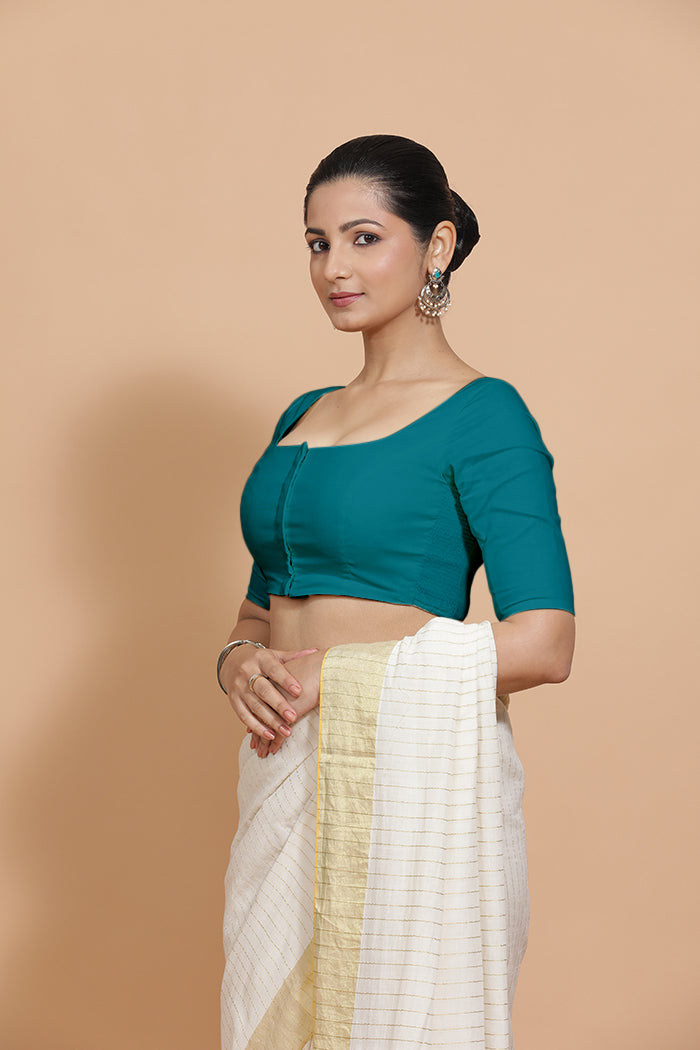 Lalita x Rozaana | Elbow Sleeves Saree Blouse in Teal Blue Linen-Binks
