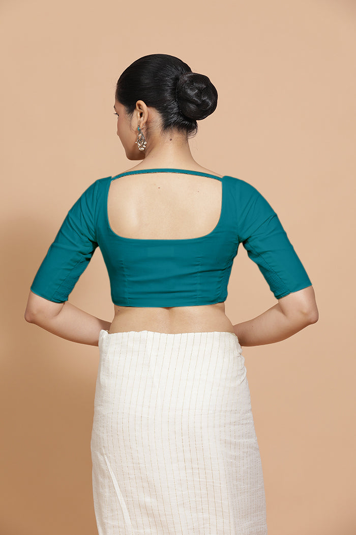 Lalita x Rozaana Saree Blouse, in Blue Linen, featuring elbow sleeves and scoop neckline, made for daily & work (view 2).