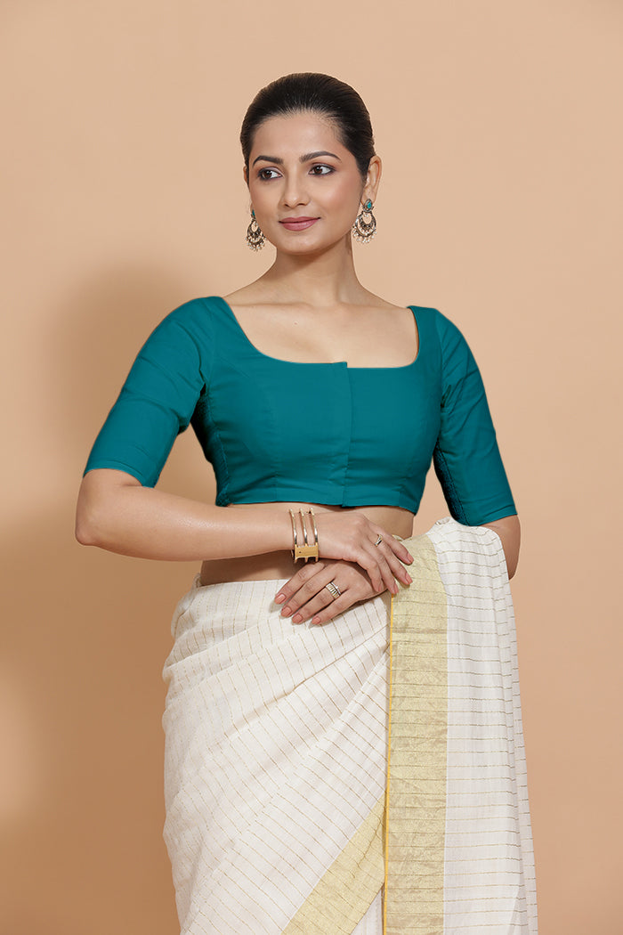 Lalita x Rozaana Saree Blouse, in Blue Linen, featuring elbow sleeves and scoop neckline, made for daily & work (view 8).