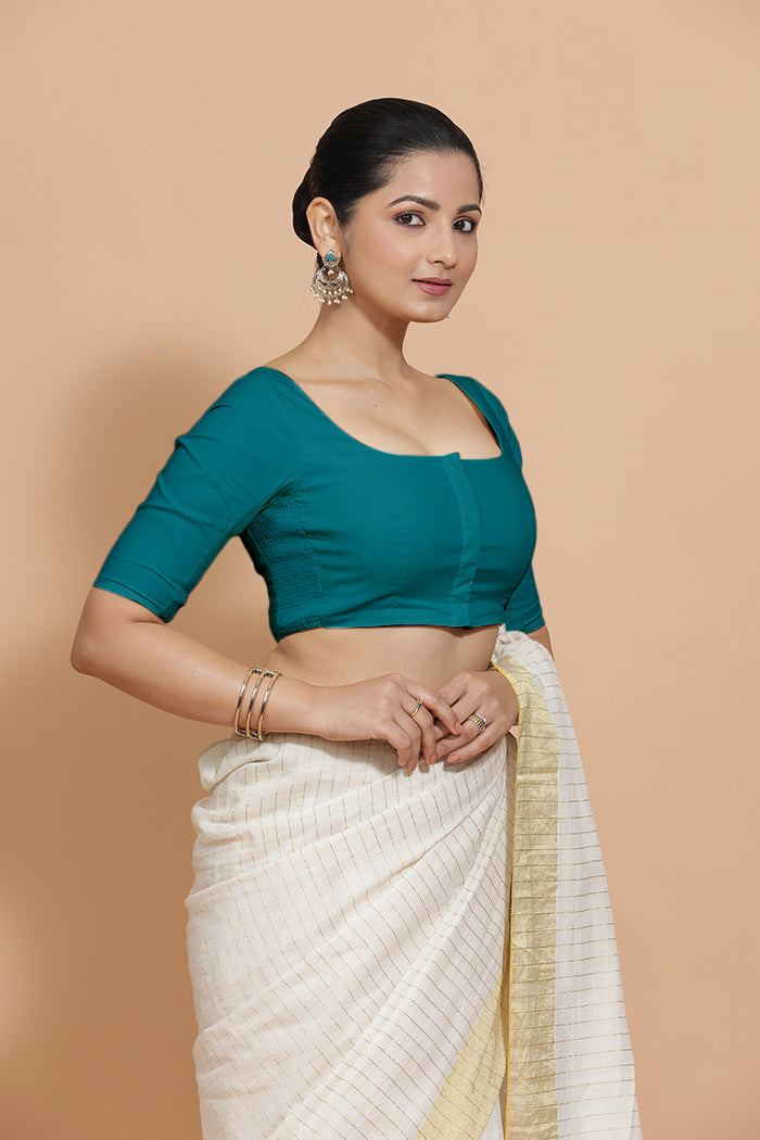 Lalita x Rozaana | Elbow Sleeves Saree Blouse in Teal Blue Linen-Binks