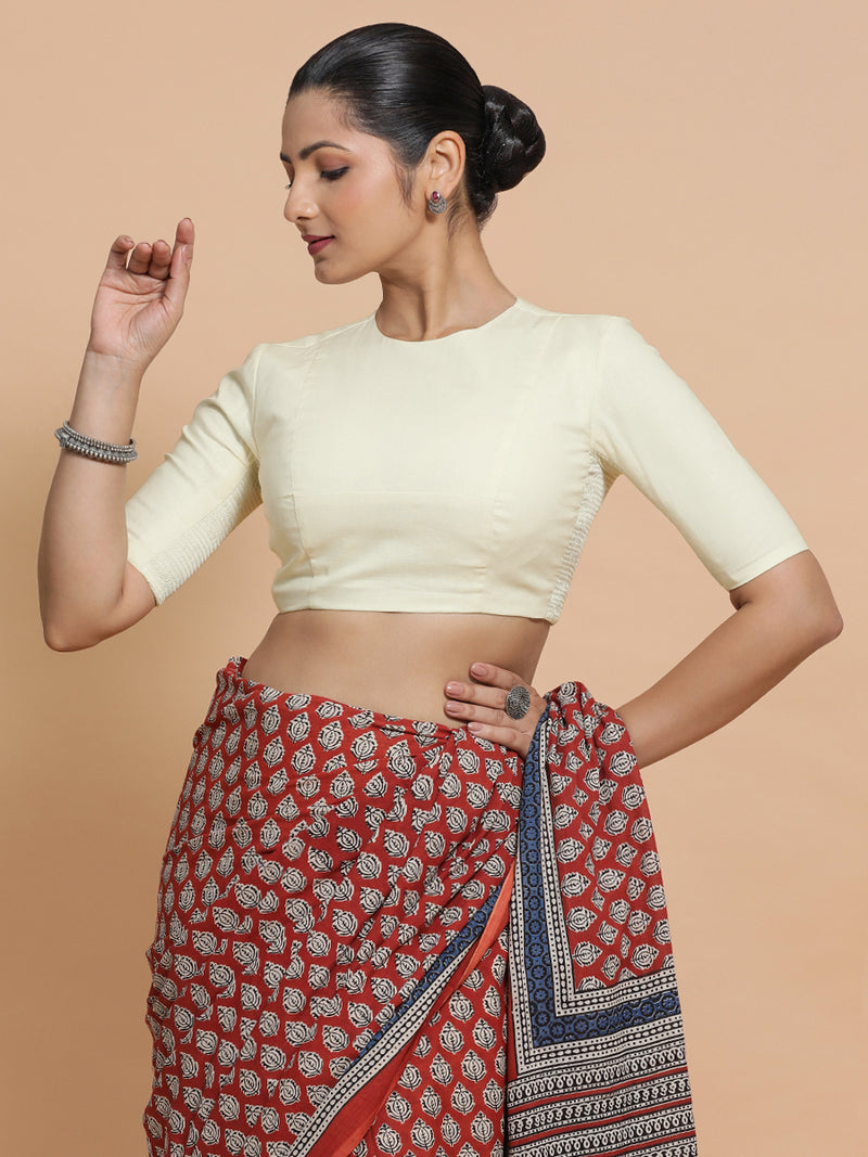 Lara x Rozaana | Jewel Neck Saree Blouse in Chalk White Linen-Binks