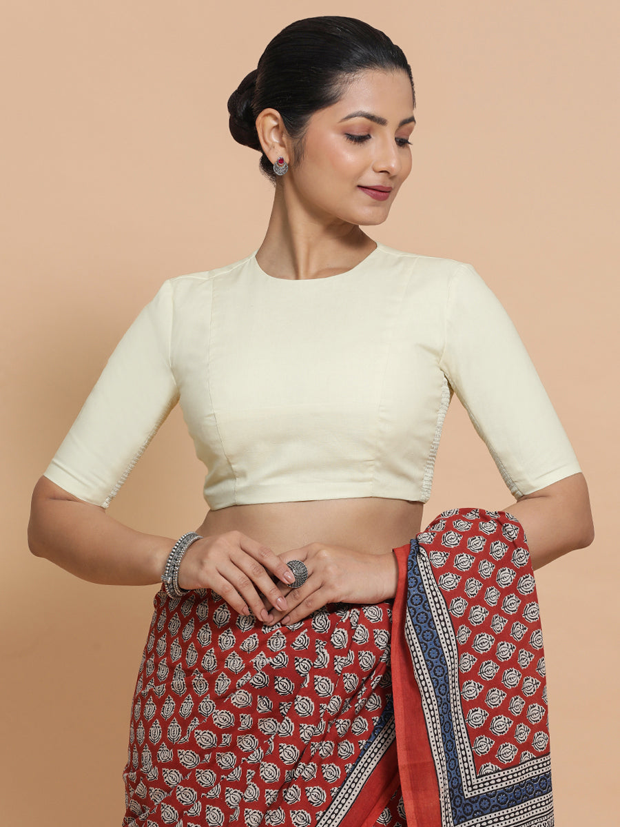 Lara x Rozaana Saree Blouse, in White Linen, featuring elbow sleeves and jewel neckline, made for daily & work (view 5).