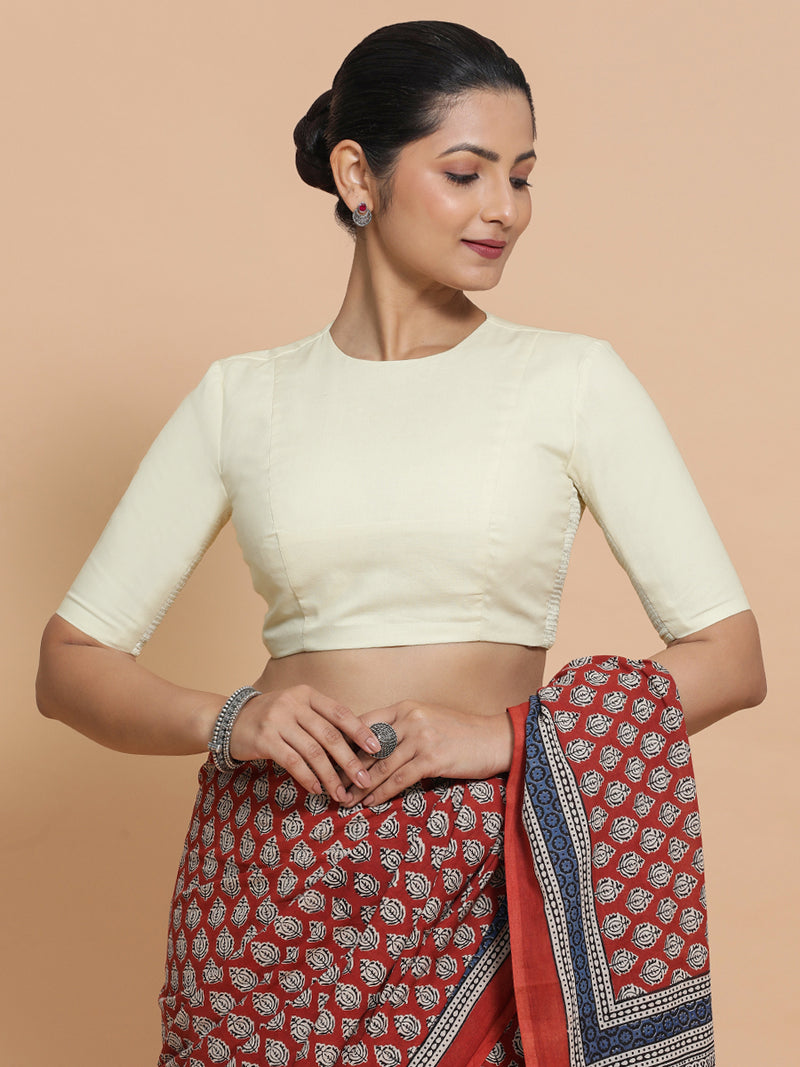 Lara x Rozaana | Jewel Neck Saree Blouse in Chalk White Linen-Binks