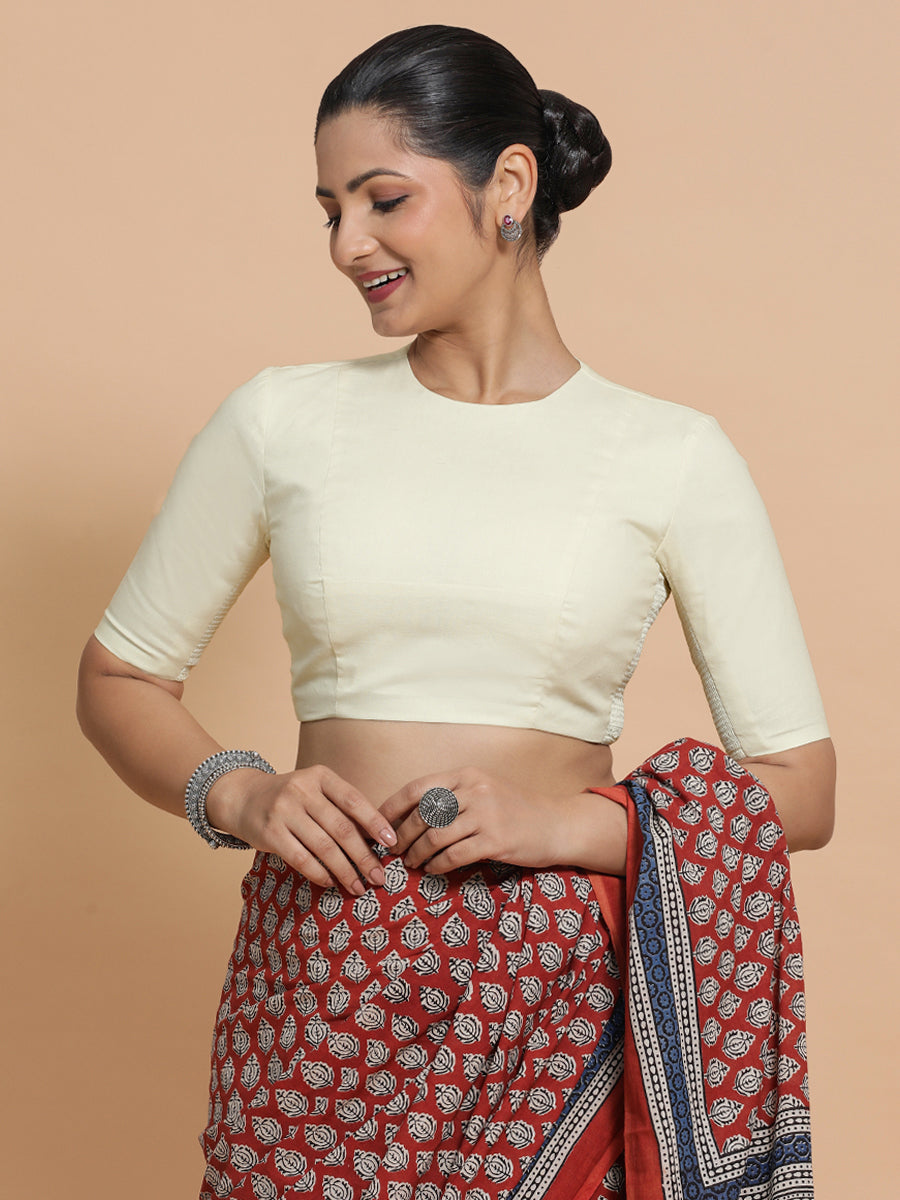 Lara x Rozaana Saree Blouse, in White Linen, featuring elbow sleeves and jewel neckline, made for daily & work (view 8).