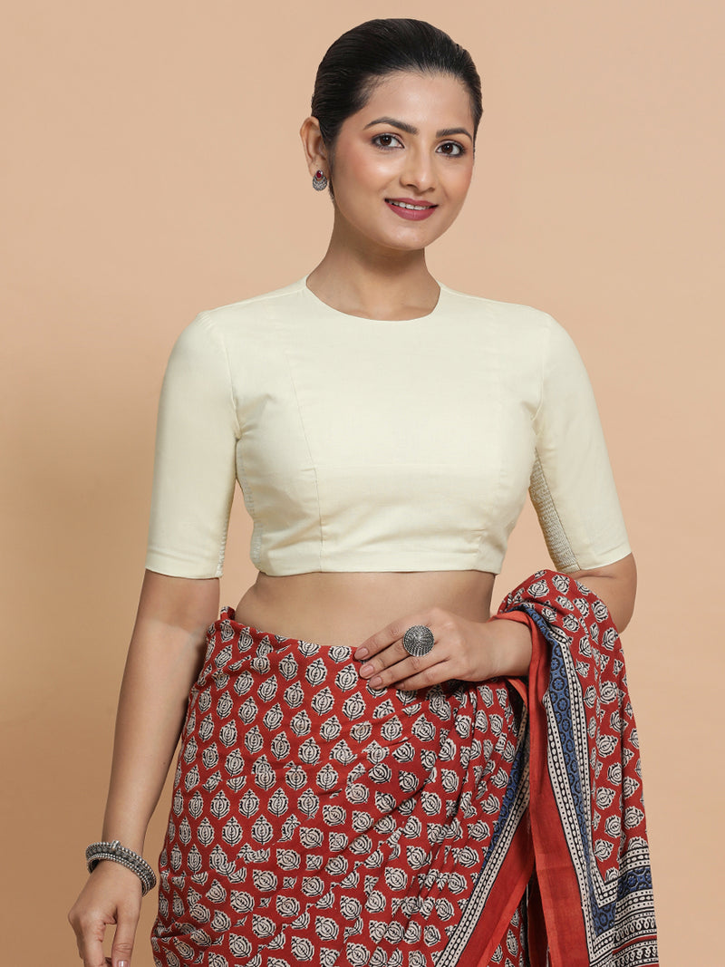 Lara x Rozaana | Jewel Neck Saree Blouse in Chalk White Linen-Binks