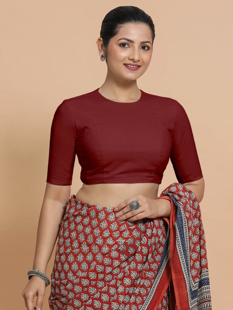 Lara x Rozaana | Jewel Neck Saree Blouse in Cranberry Red Linen-Binks