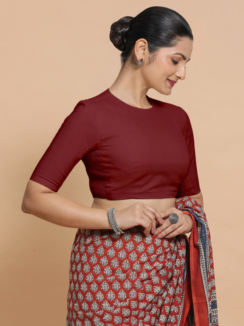 Lara x Rozaana | Jewel Neck Saree Blouse in Cranberry Red Linen-Binks