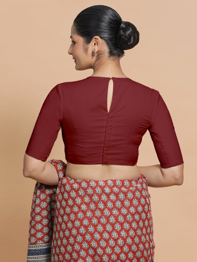 Lara x Rozaana Saree Blouse, in Red Linen, featuring elbow sleeves and jewel neckline, made for daily & work (view 2).