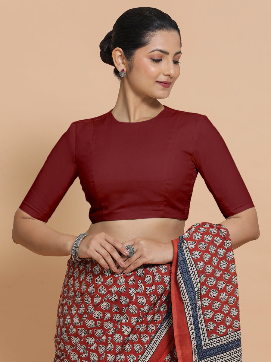 Lara x Rozaana Saree Blouse, in Red Linen, featuring elbow sleeves and jewel neckline, made for daily & work (view 5).