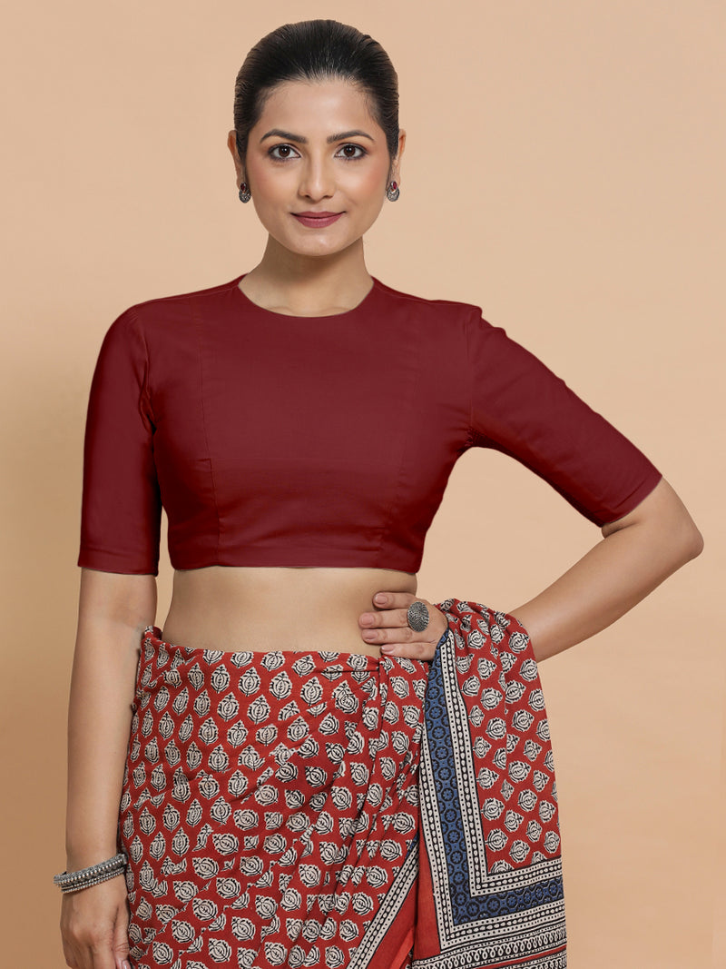 Lara x Rozaana | Jewel Neck Saree Blouse in Cranberry Red Linen-Binks