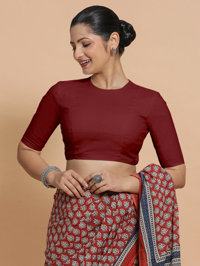 Lara x Rozaana | Jewel Neck Saree Blouse in Cranberry Red Linen-Binks