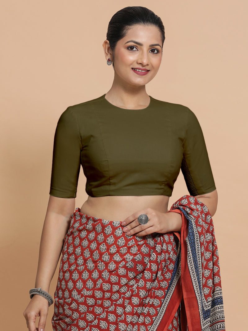 Lara x Rozaana | Jewel Neck Saree Blouse in Deep Olive Green Linen-Binks