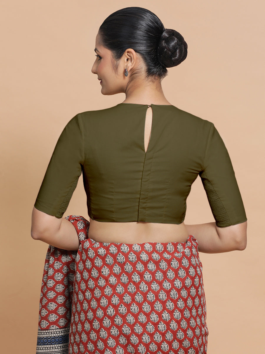 Lara x Rozaana Saree Blouse, in Green Linen, featuring elbow sleeves and jewel neckline, made for daily & work (view 2).