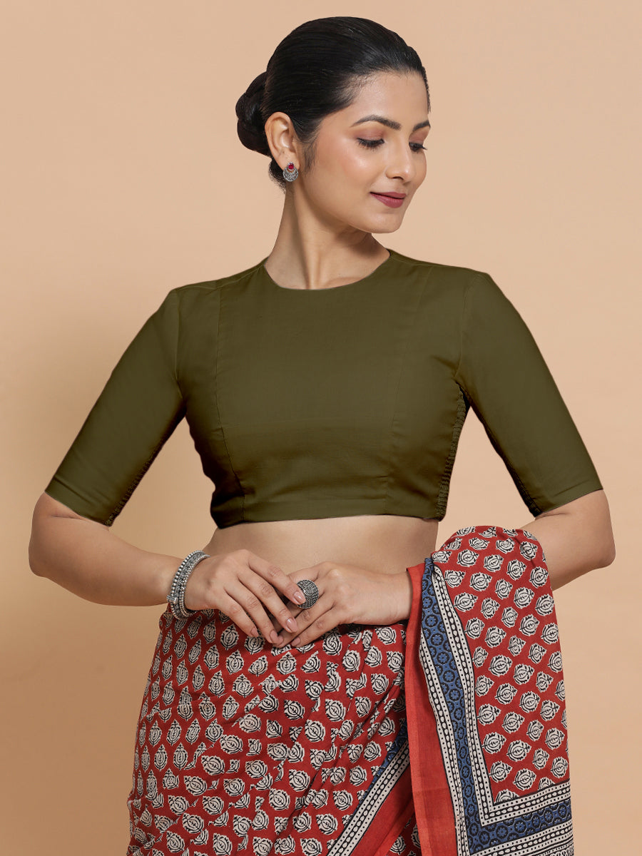 Lara x Rozaana Saree Blouse, in Green Linen, featuring elbow sleeves and jewel neckline, made for daily & work (view 5).
