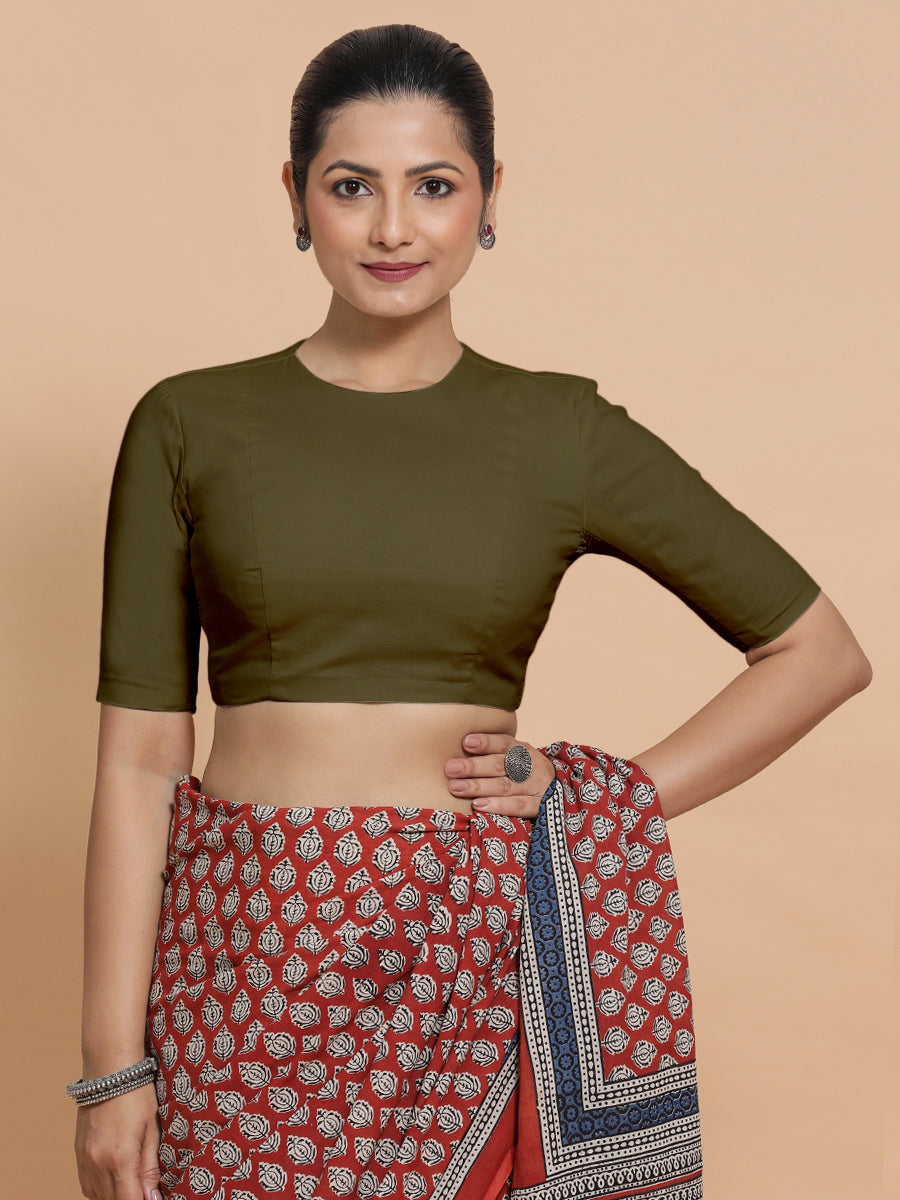 Lara x Rozaana Saree Blouse, in Green Linen, featuring elbow sleeves and jewel neckline, made for daily & work (view 7).