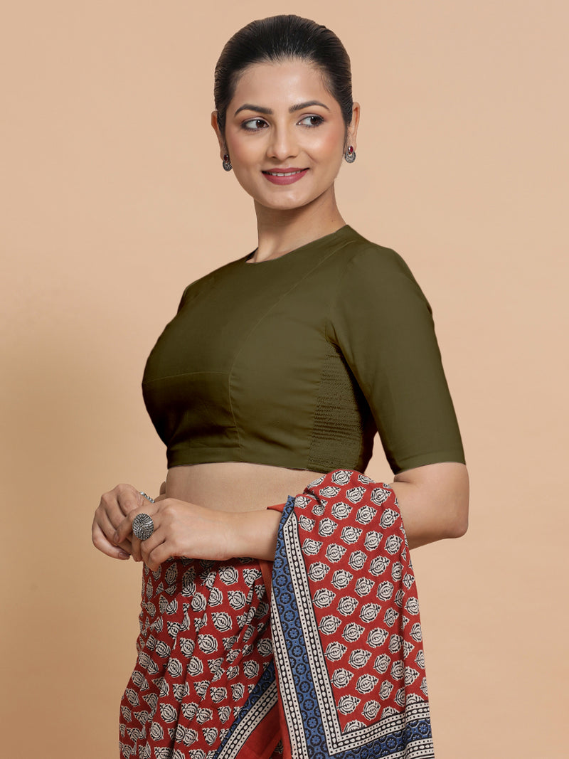 Lara x Rozaana | Jewel Neck Saree Blouse in Deep Olive Green Linen-Binks