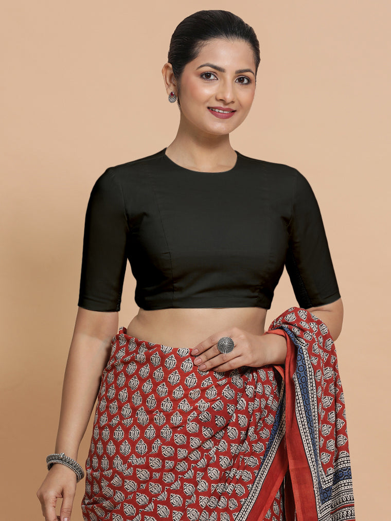 Lara x Rozaana Saree Blouse, in Black Linen, featuring elbow sleeves and jewel neckline, made for daily & work.