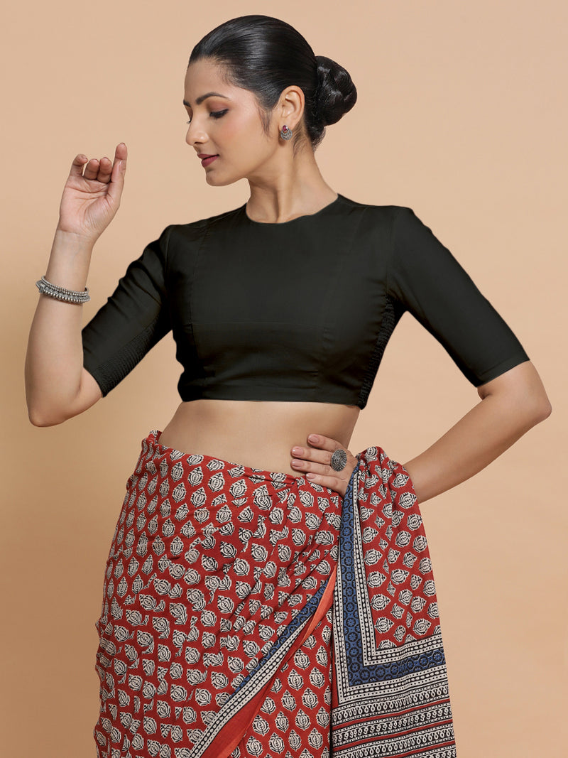 Lara x Rozaana | Jewel Neck Saree Blouse in Ebony Black Linen-Binks