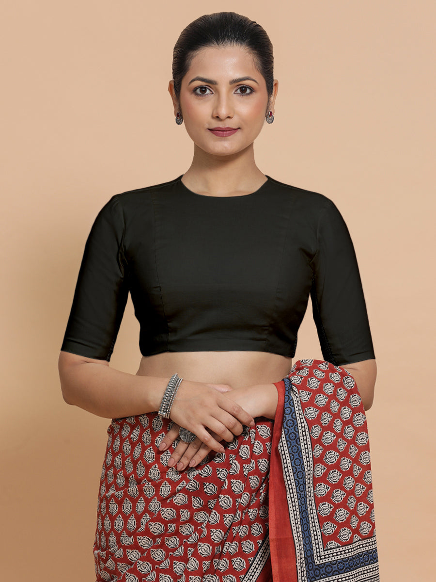 Lara x Rozaana Saree Blouse, in Black Linen, featuring elbow sleeves and jewel neckline, made for daily & work (view 6).