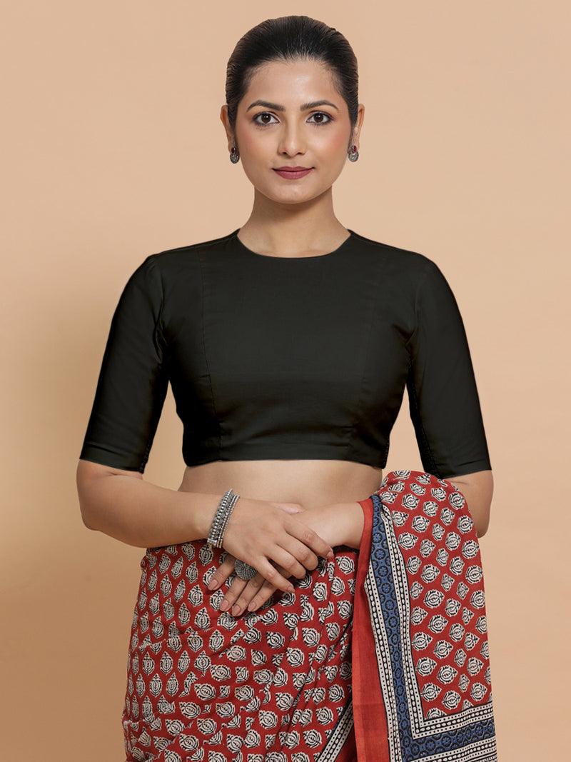 Lara x Rozaana | Jewel Neck Saree Blouse in Ebony Black Linen-Binks