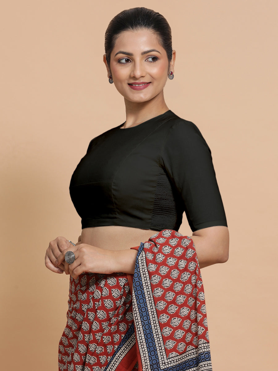 Lara x Rozaana Saree Blouse, in Black Linen, featuring elbow sleeves and jewel neckline, made for daily & work (view 8).