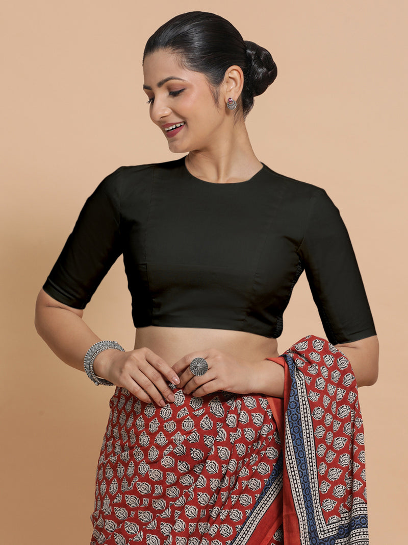 Lara x Rozaana | Jewel Neck Saree Blouse in Ebony Black Linen-Binks