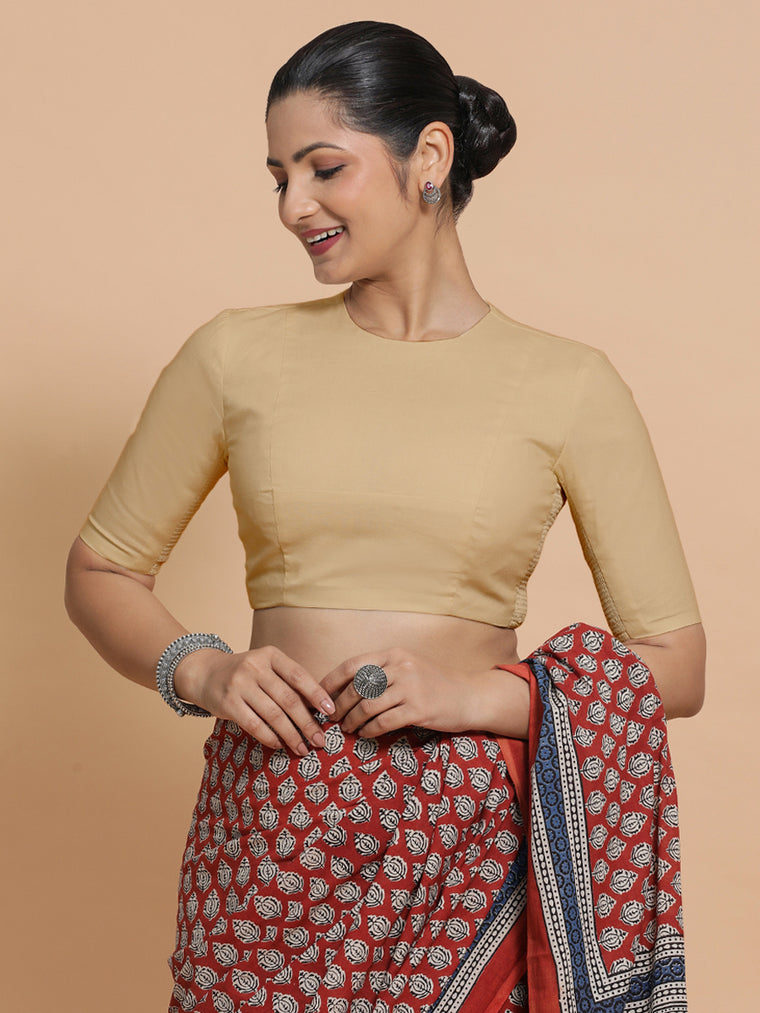 Lara x Rozaana Saree Blouse, in Beige Linen, featuring elbow sleeves and jewel neckline, made for daily & work.