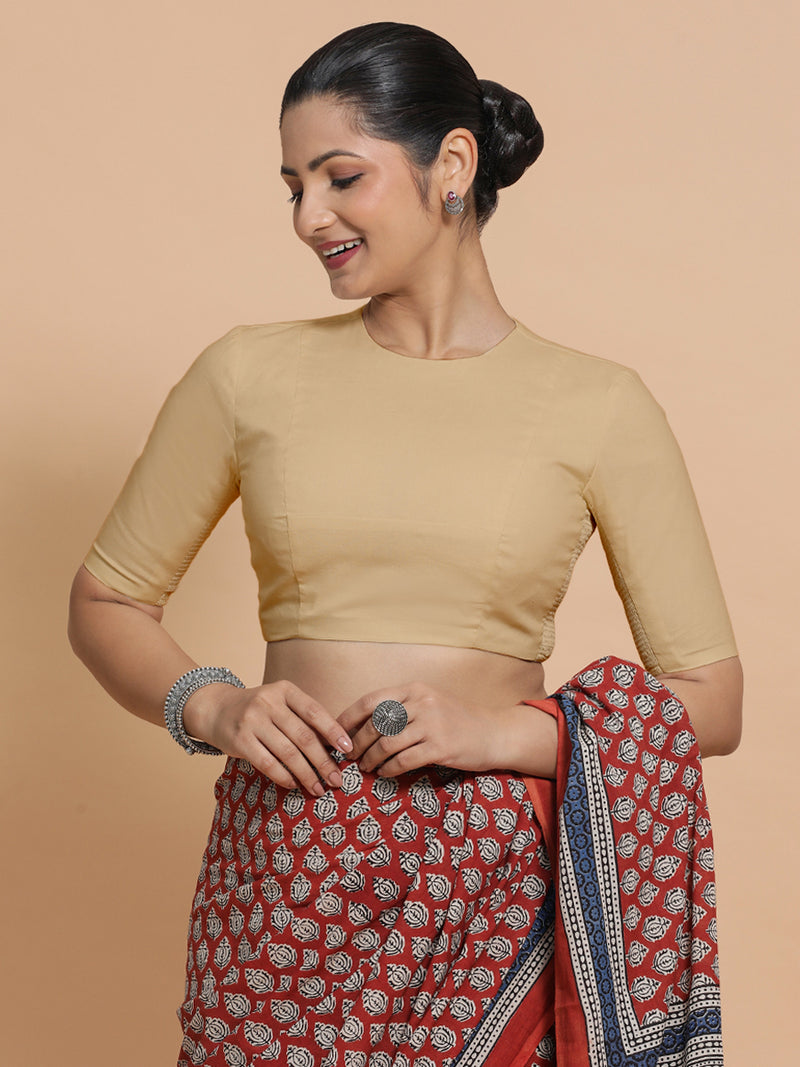 Lara x Rozaana | Jewel Neck Saree Blouse in Ecru Beige Linen-Binks