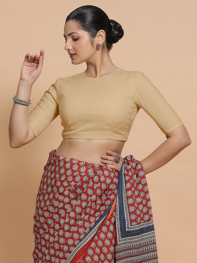 Lara x Rozaana | Jewel Neck Saree Blouse in Ecru Beige Linen-Binks