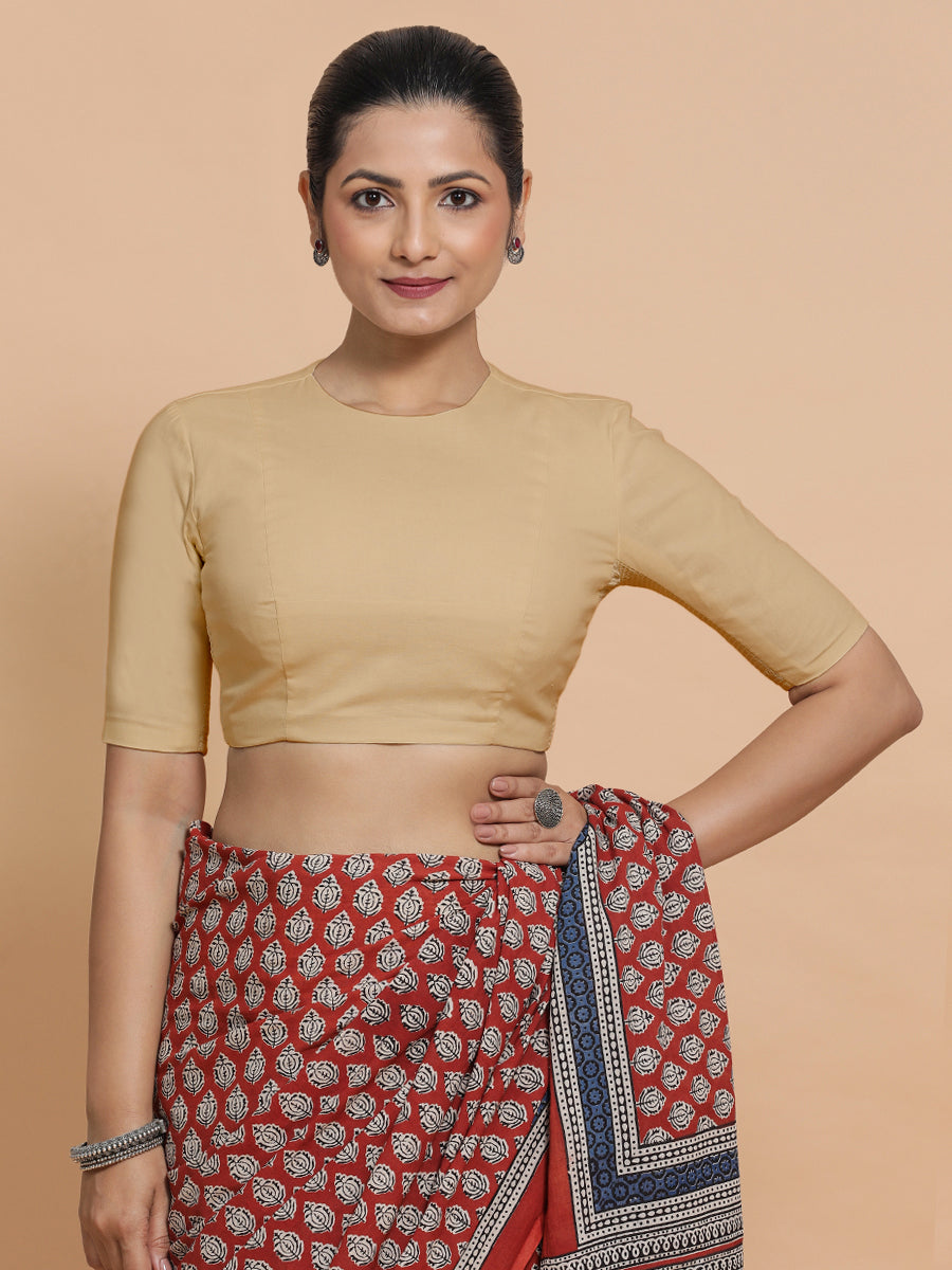 Lara x Rozaana Saree Blouse, in Beige Linen, featuring elbow sleeves and jewel neckline, made for daily & work (view 7).