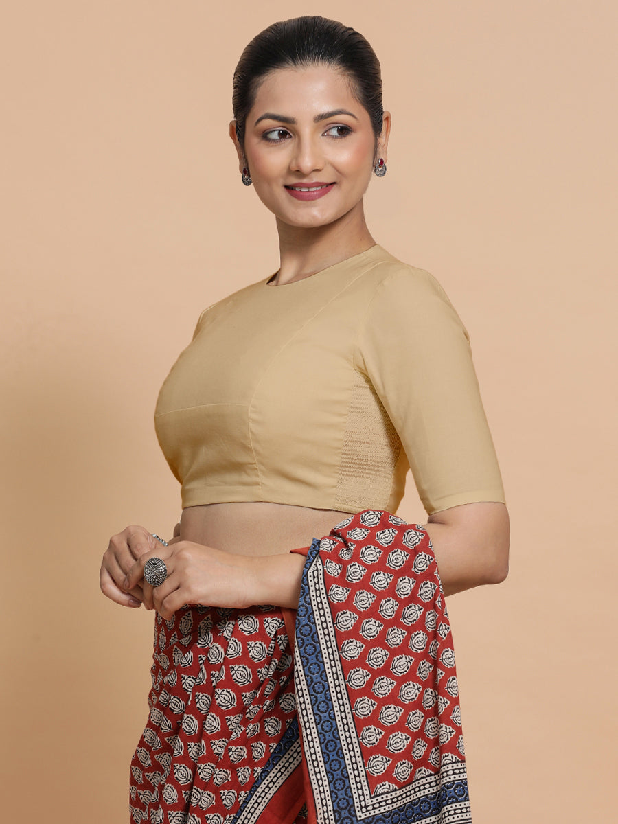 Lara x Rozaana Saree Blouse, in Beige Linen, featuring elbow sleeves and jewel neckline, made for daily & work (view 8).