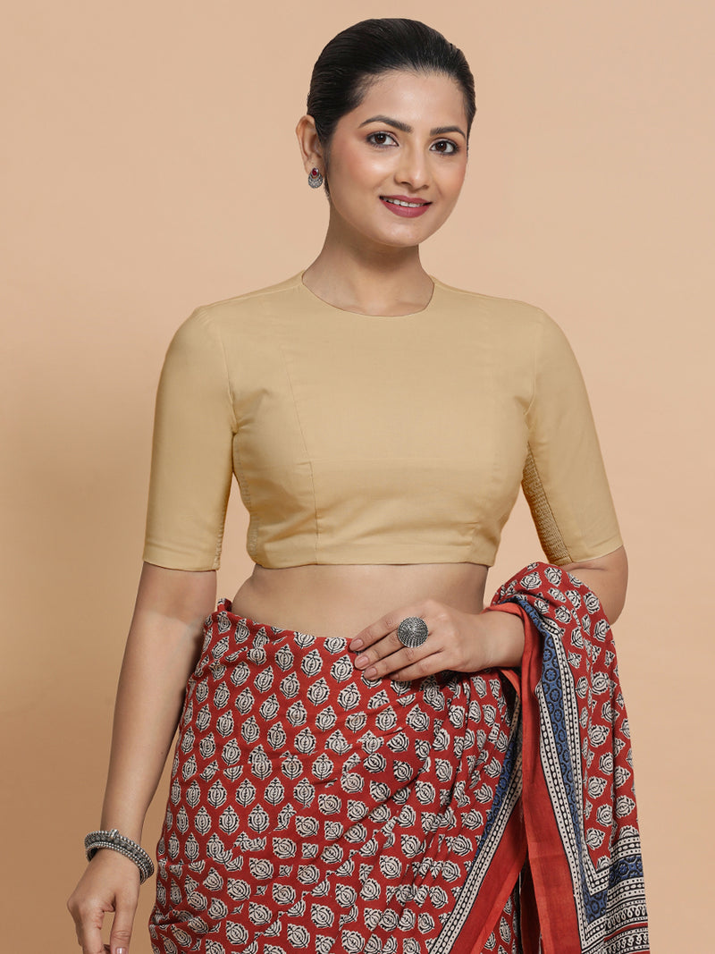 Lara x Rozaana | Jewel Neck Saree Blouse in Ecru Beige Linen-Binks