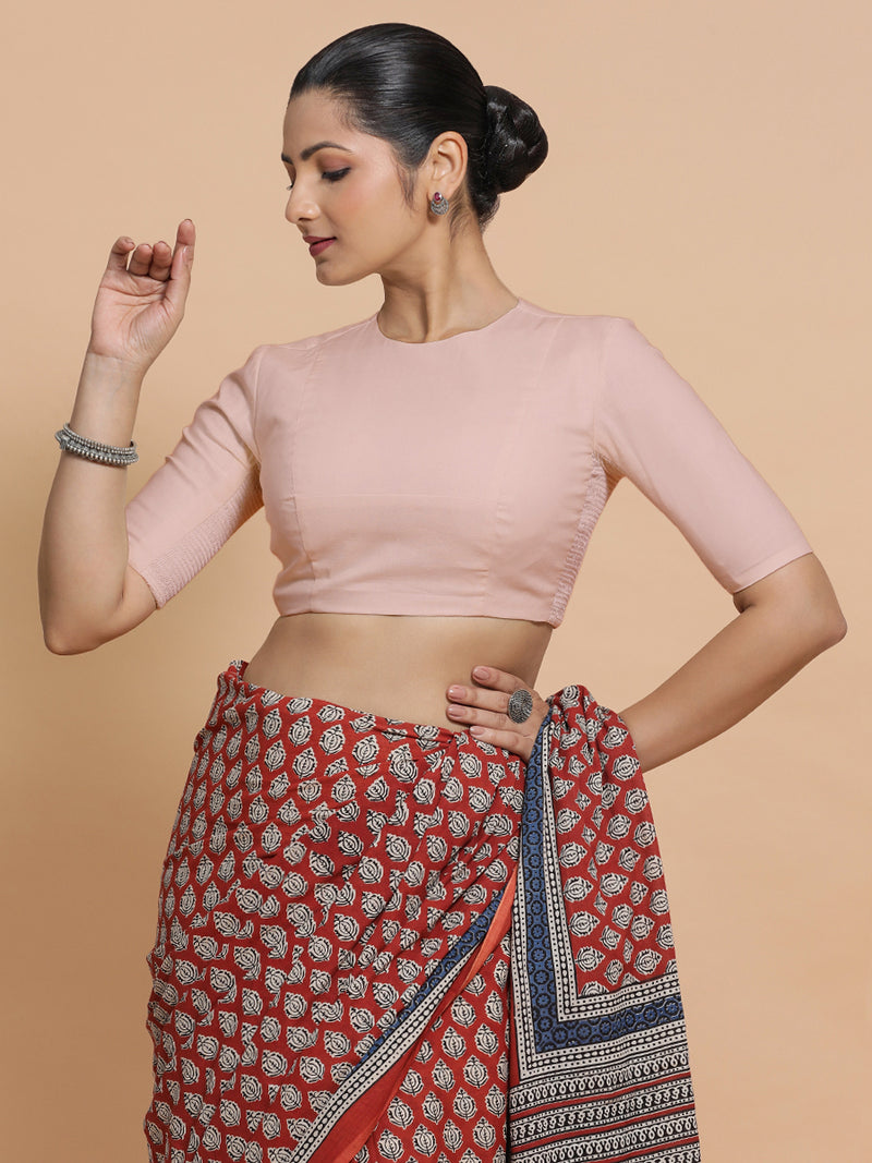 Lara x Rozaana | Jewel Neck Saree Blouse in Misty Pink Linen-Binks