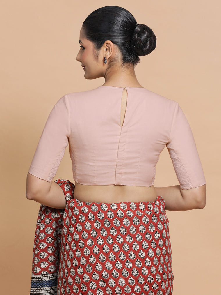 Lara x Rozaana Saree Blouse, in Pink Linen, featuring elbow sleeves and jewel neckline, made for daily & work (view 2).