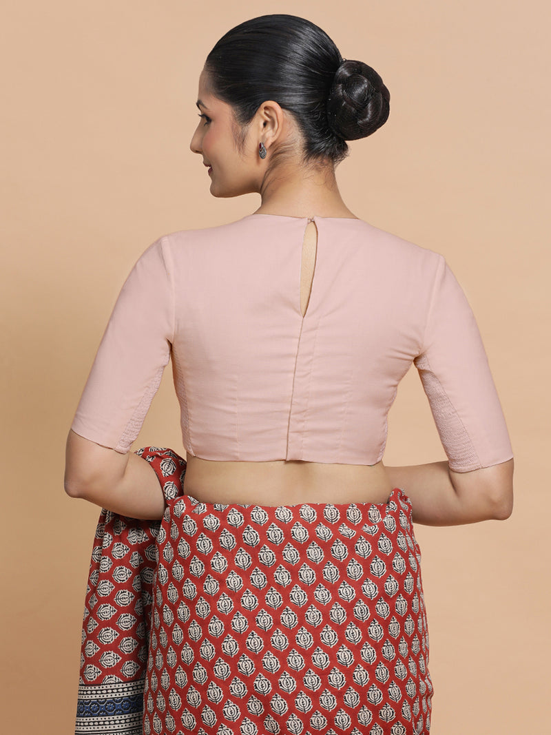 Lara x Rozaana | Jewel Neck Saree Blouse in Misty Pink Linen-Binks
