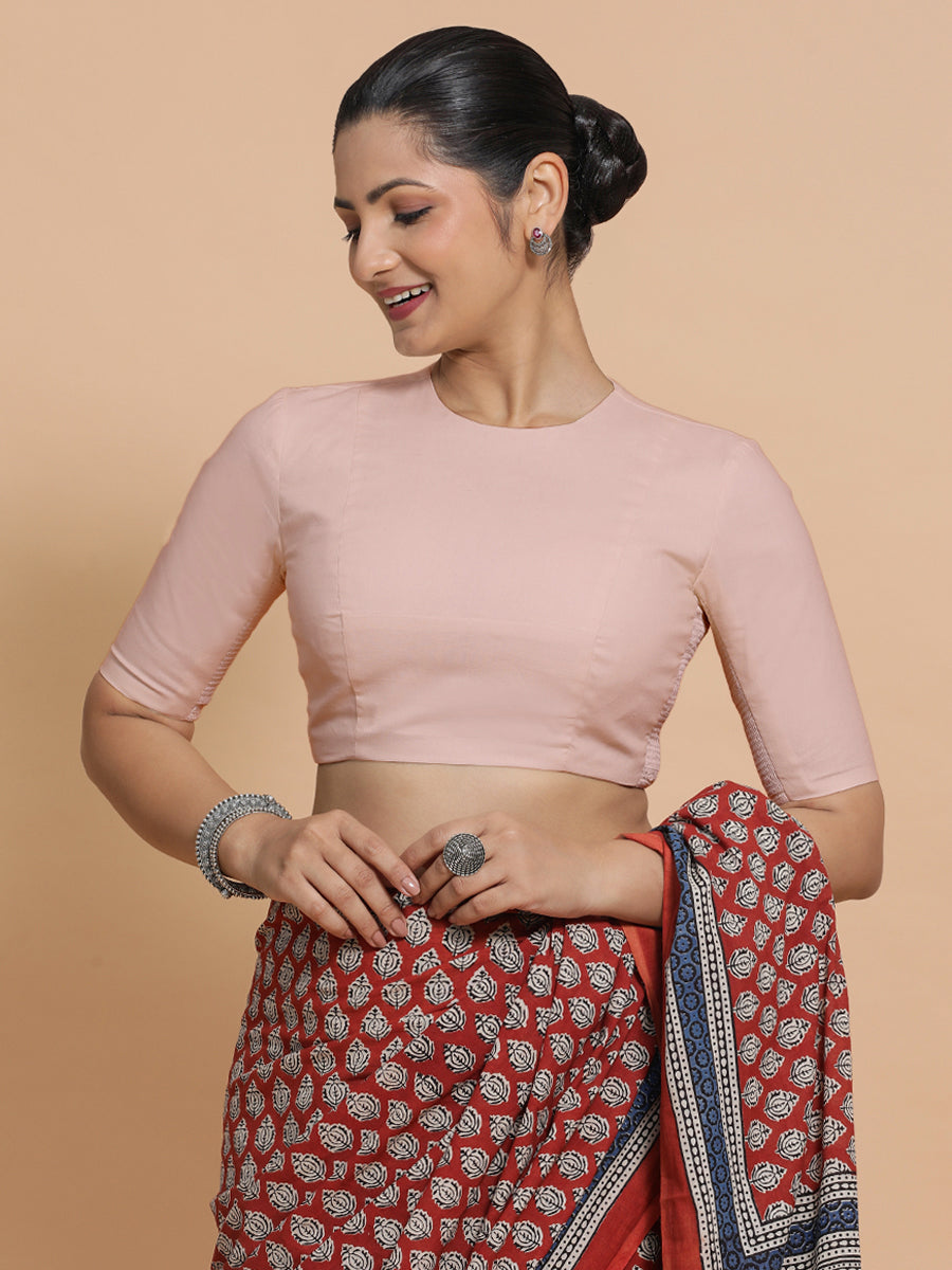 Lara x Rozaana Saree Blouse, in Pink Linen, featuring elbow sleeves and jewel neckline, made for daily & work (view 8).