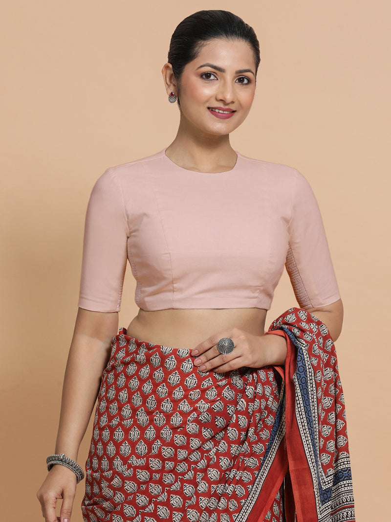 Lara x Rozaana | Jewel Neck Saree Blouse in Misty Pink Linen-Binks