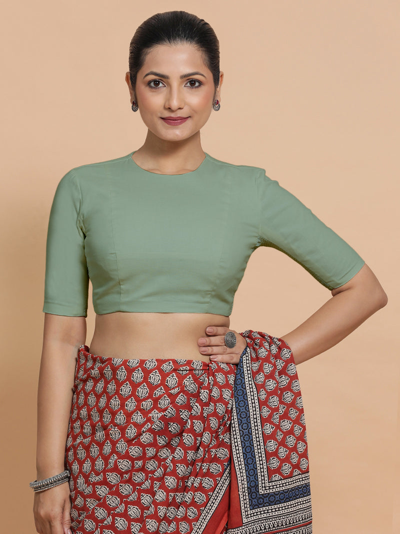 Lara x Rozaana | Jewel Neck Saree Blouse in Peppermint Green Linen-Binks