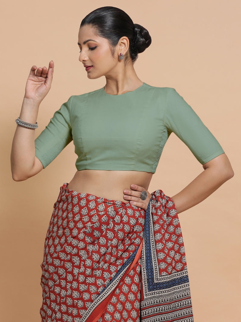 Lara x Rozaana | Jewel Neck Saree Blouse in Peppermint Green Linen-Binks