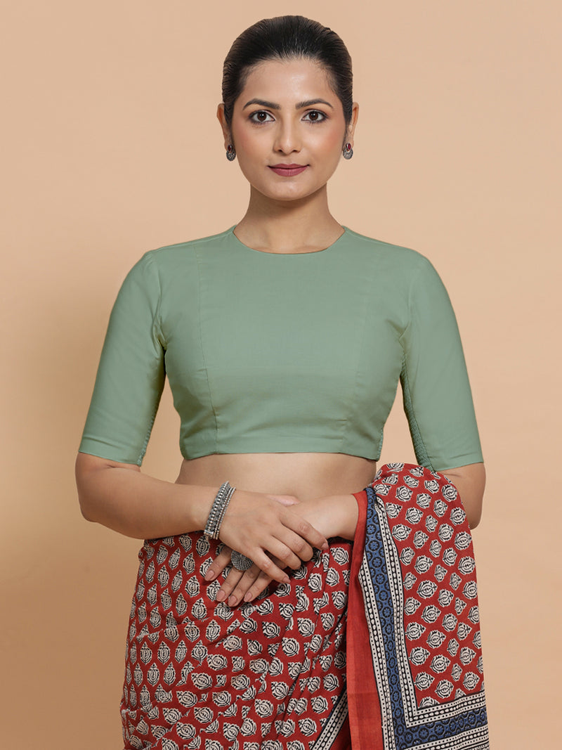 Lara x Rozaana | Jewel Neck Saree Blouse in Peppermint Green Linen-Binks
