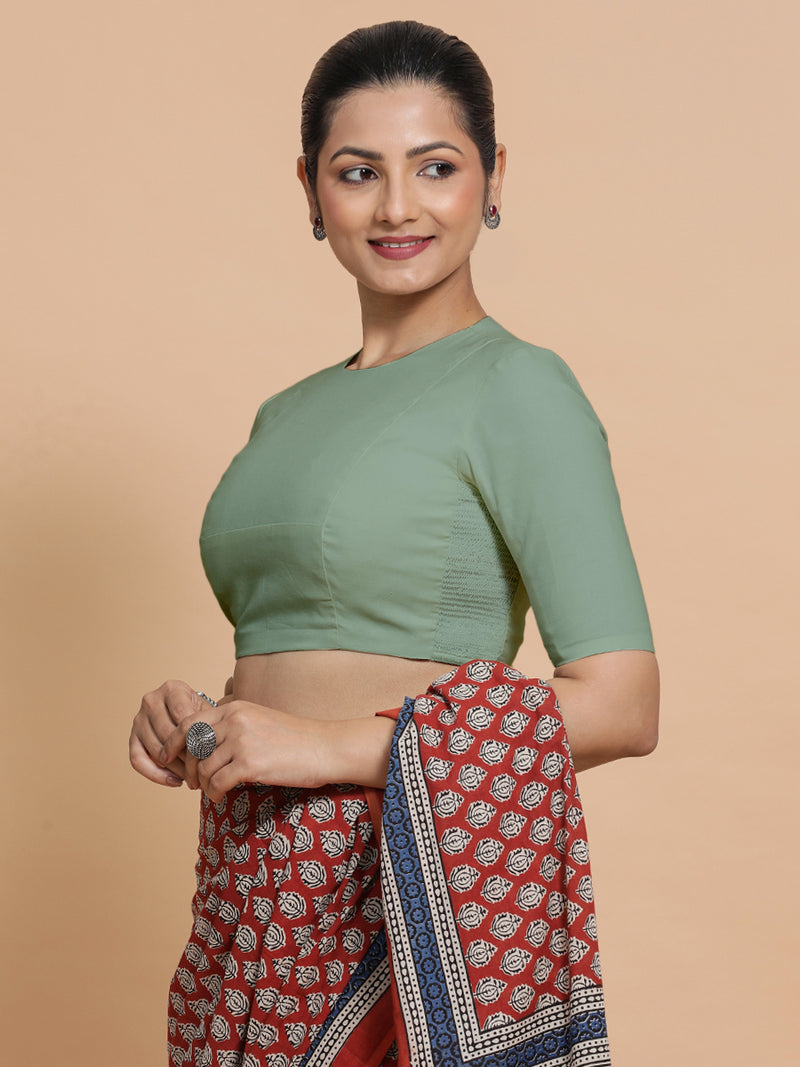 Lara x Rozaana | Jewel Neck Saree Blouse in Peppermint Green Linen-Binks